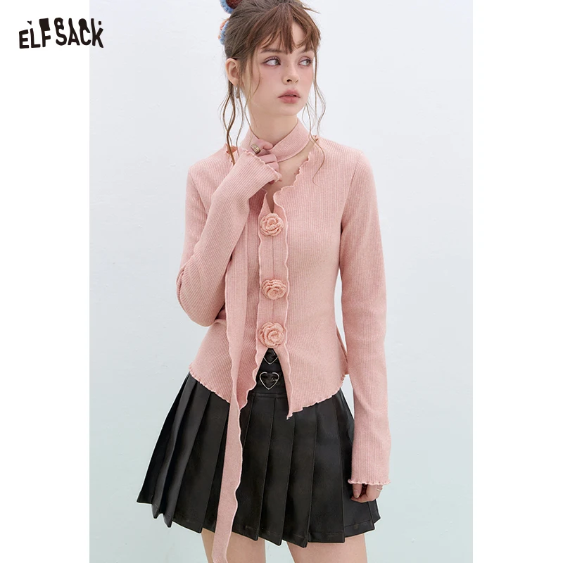 ELFSACK 2025 Spring New Arrivals Sweet Y2K Slim V-neck Sweater Women's Flowers Korean Pullover