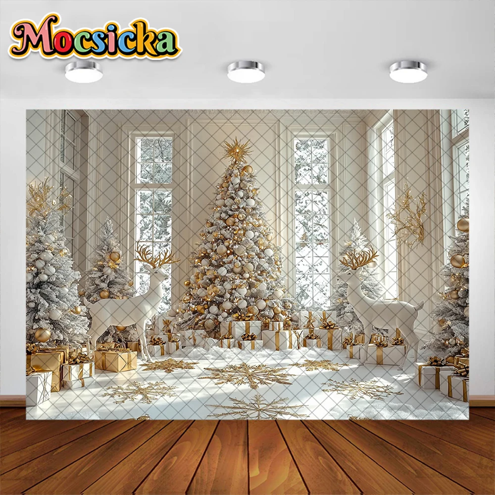 الشتاء عيد الميلاد خلفية التصوير الفوتوغرافي للأطفال ، شجرة عيد الميلاد الذهبية ، نافذة الديكور ، صورة عطلة ، خلفيات الصورة ، استوديو الدعامة