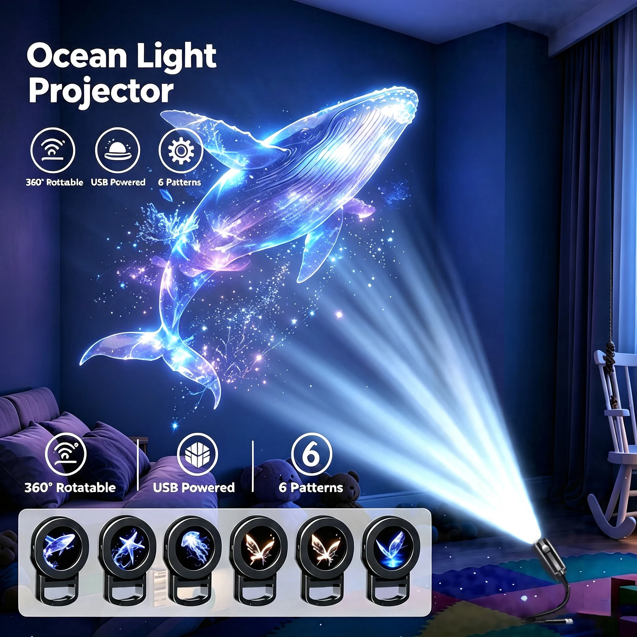 LED Night Light 6 in 1 Ocean Projector Light Plug and Play Whale Butterfly Replaceable Film 360° Adjustable Kids Room Wall Decor