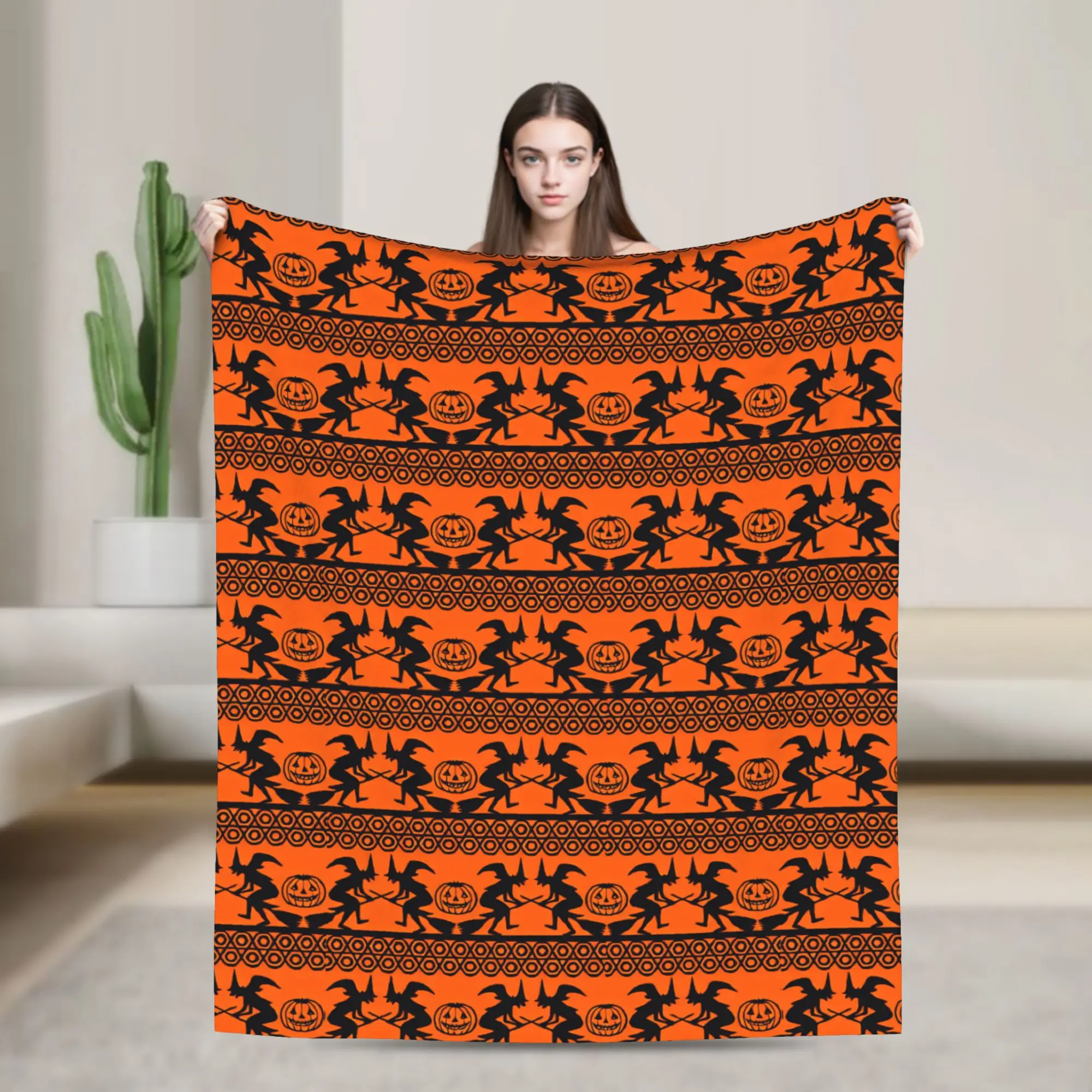 Halloween Witch And Pumpkin Tribal Striped Seamless Pattern Soft Comfy Blanket For Outdoor Funny Throw Blanket Flannel Bedspread