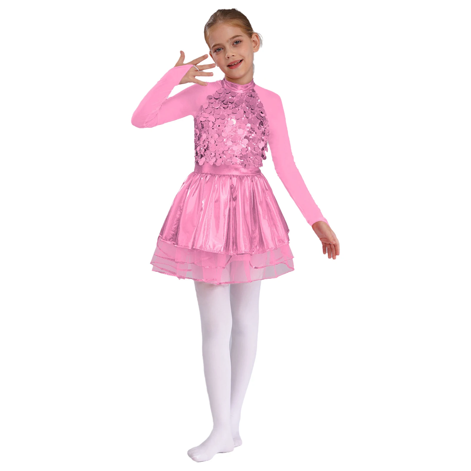 Kinder Mädchen Ballettkleid Funkelnde Pailletten Metallic Sheer Mesh Lange Ärmel Tutu Kleid Jazz Dance Schule Performance Kostüm