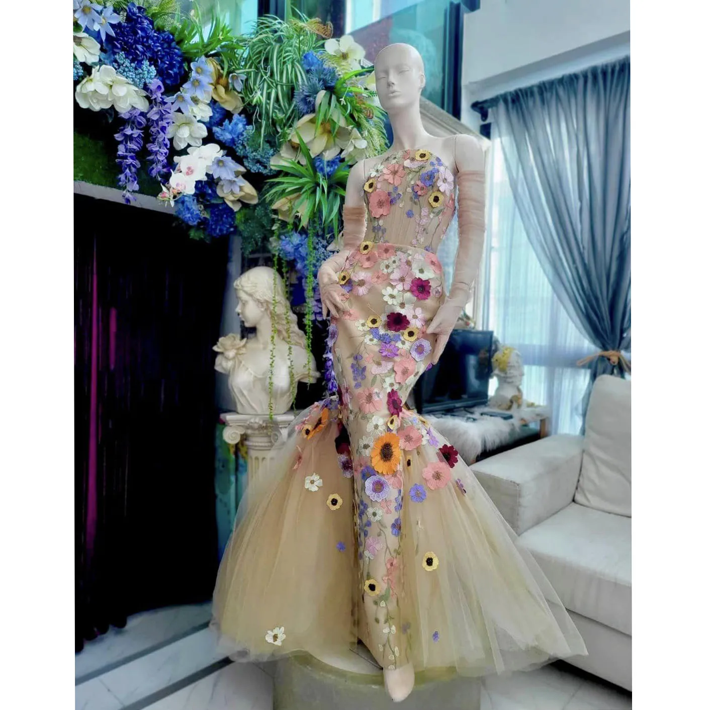 Beautiful Champagne Bloom Long Evening Dresses Delicate Colorful Flower Mermaid Eveing Gowns Garden Wedding Bridal Dress