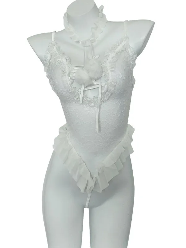 الغريبة الصيف مثير أزياء المرأة الملابس الحلو أرنب فتاة لطيف فتاة نمط الدانتيل نمط ضيق حزام شنقا الرقبة اللباس TZ18