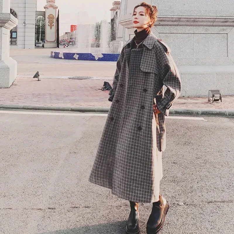 

Plaid Casual Woolen Trenchcoat Women's Overcoat Loose Belt Length Double-Breasted Coat 2024 Winter Waist Thicke Woolen Coat