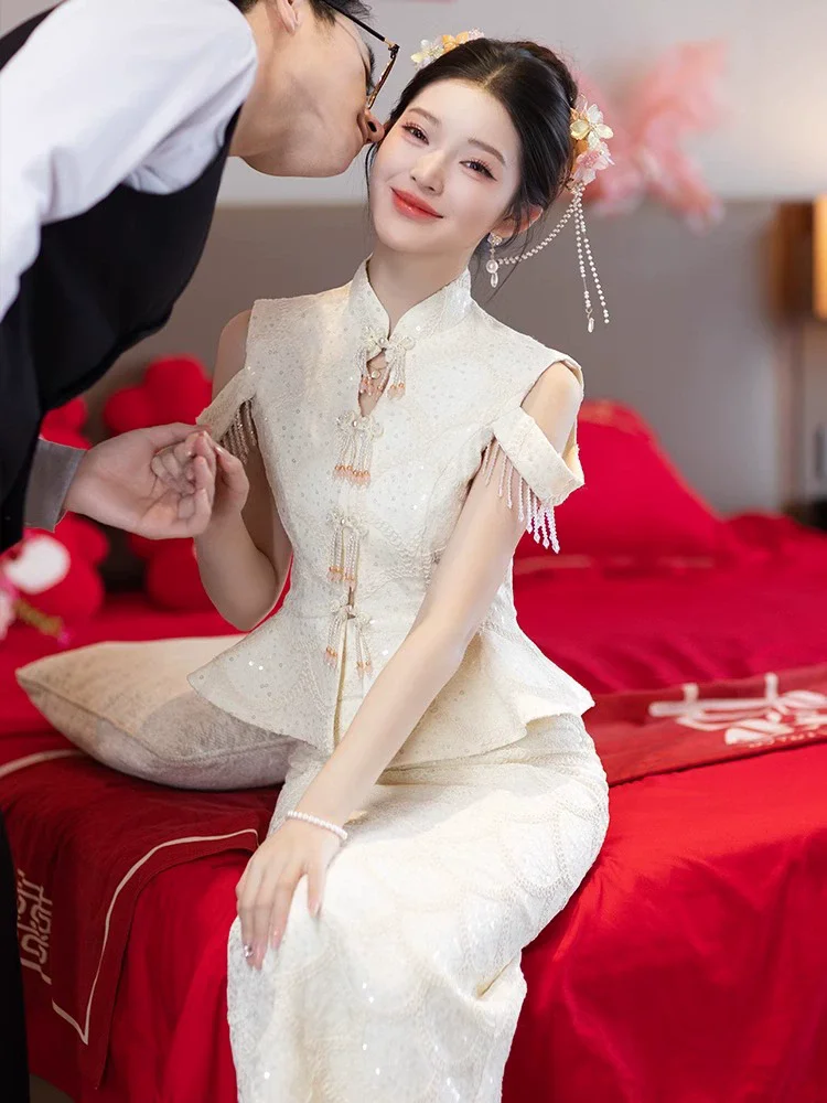 فستان نسائي فاخر مزين بالترتر على شكل زهرة Chesongam على الطراز الصيني أنيق بدون أكمام فستان سهرة رائع من فيستدوس دي فيستا #5