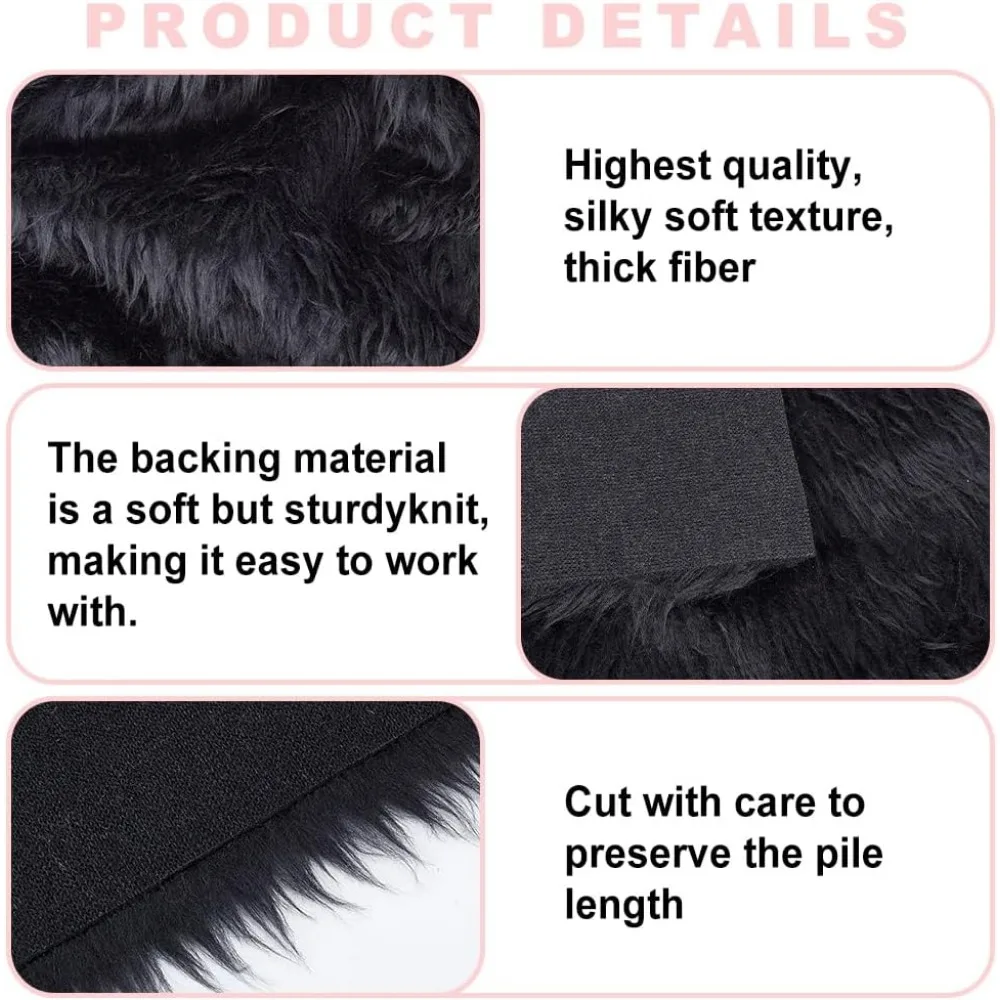 Black Faux Fur Fabric 15.7x15.7 Inch Soft Plush Shaggy Squares Pre-Cut Craft Fur Fabric for Costumes, Rugs, Pillows, Sewing