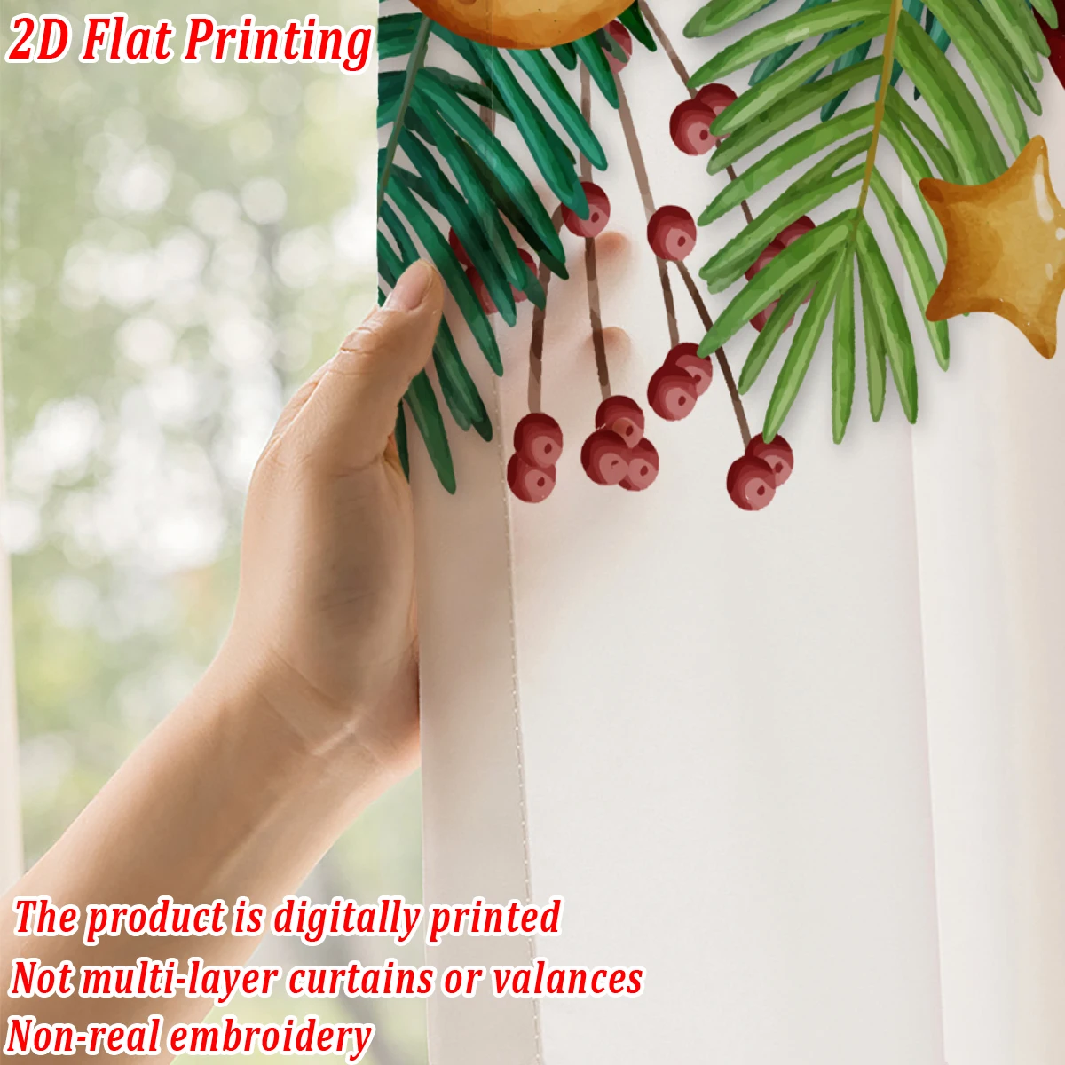 Christmas Flat Printing Sheer Curtain with Christmas Ball Berry Star Pine Branch for Living Room Bedroom Decor Holiday Party
