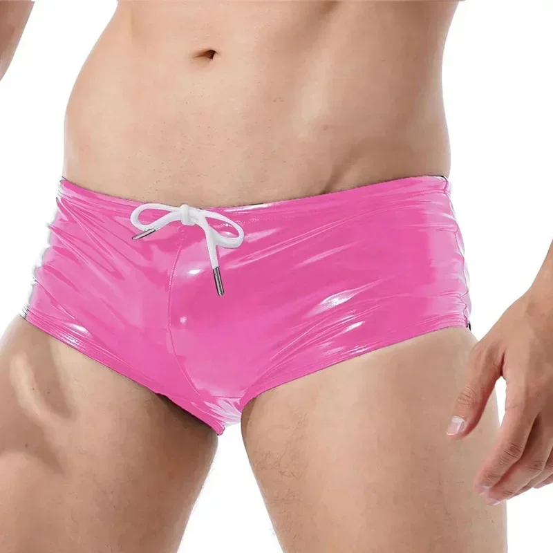 Men\'s Shiny Patent Leather Underpants Low Waist Bandage Exotic Wet Look Faux Latex Briefs Nightclub Dance Pole PVC Shorts Custom