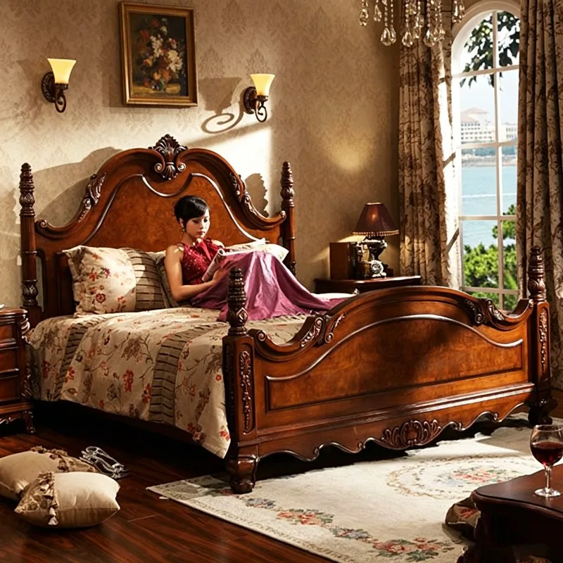 Luxury American Classic Four Poster Solid Wood King Size Bed Antique Vintage Bed for Villa Hotel Master Bedroom Furniture