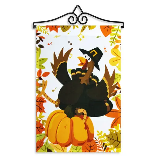 Garden Flag Pilgrim Turkey with Pumpkin 12x18IN & Hanger 14IN Printed Poly