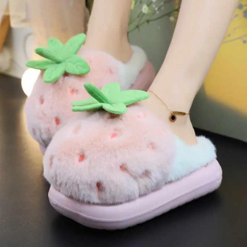 

Lovely strawberry furry slippers for women winter warm home shoes fluffy slippers fruit fur slides woman pink slipper scuff shoe