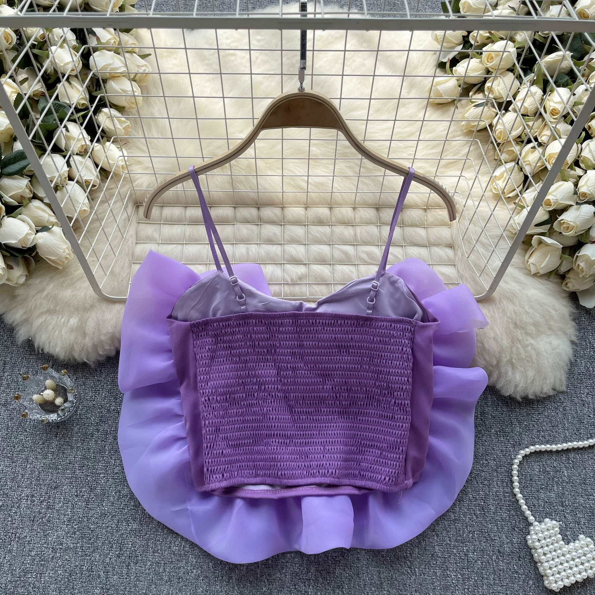 Sweet Big Organza Flower Camisole Girls Stretchy Back Slim Above Navel Camis Crop Top Fashion Summer Clothing
