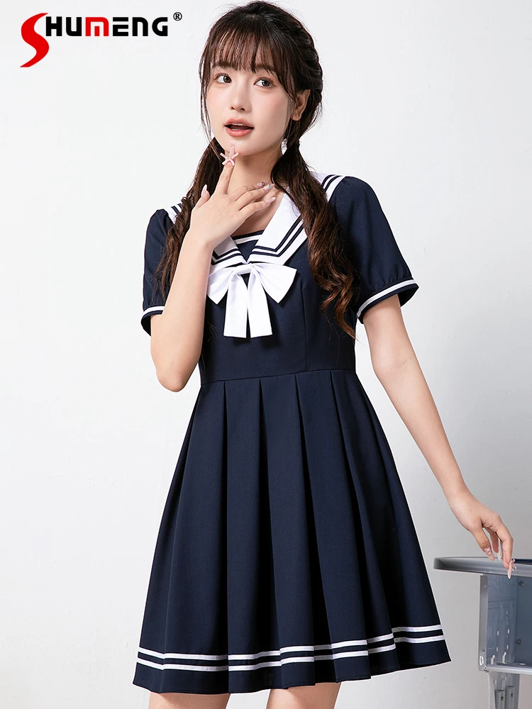 

Japanese Sweet Cute Preppy Style Sailor Collar Bow Short Sleeve High Waist Slim Fit A-line Pleated JK Short Dress Women's Summer