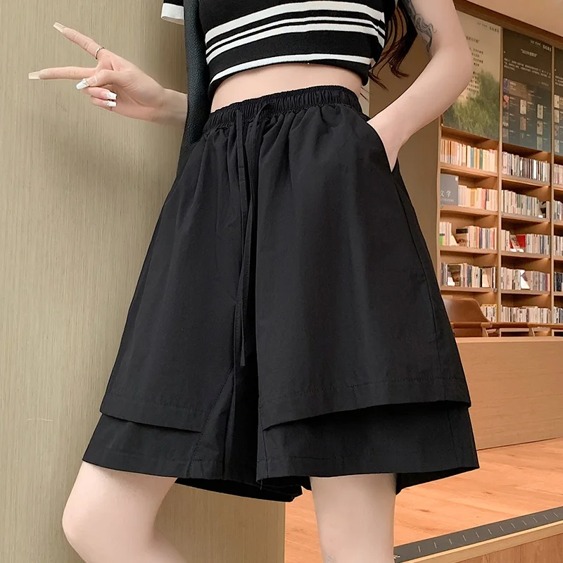 High Waist Loose Fit Black Quick Dry Workwear Shorts for Women Summer Thin Five-Quarter Pants Wide Leg Casual Trousers