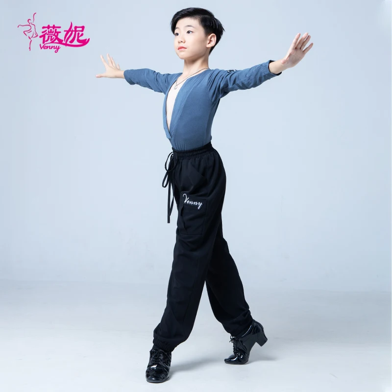 Vennystyle Top da ballo latino da uomo con scollo a V profondo manica lunga vestibilità slim per costumi da ballo da sala da ballo