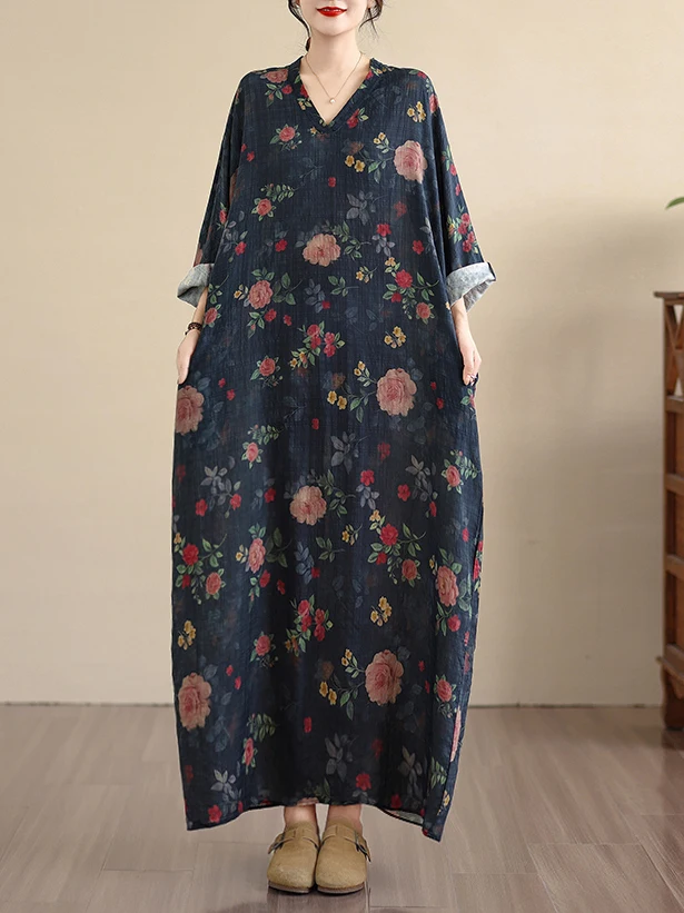 V-Ne الأزهار طباعة الصيف الدكتور المرأة الرجعية اللحوم إخفاء السفر Sle الكورية فضفاضة تناسب ألف خط ميدي الدكتور للخريف