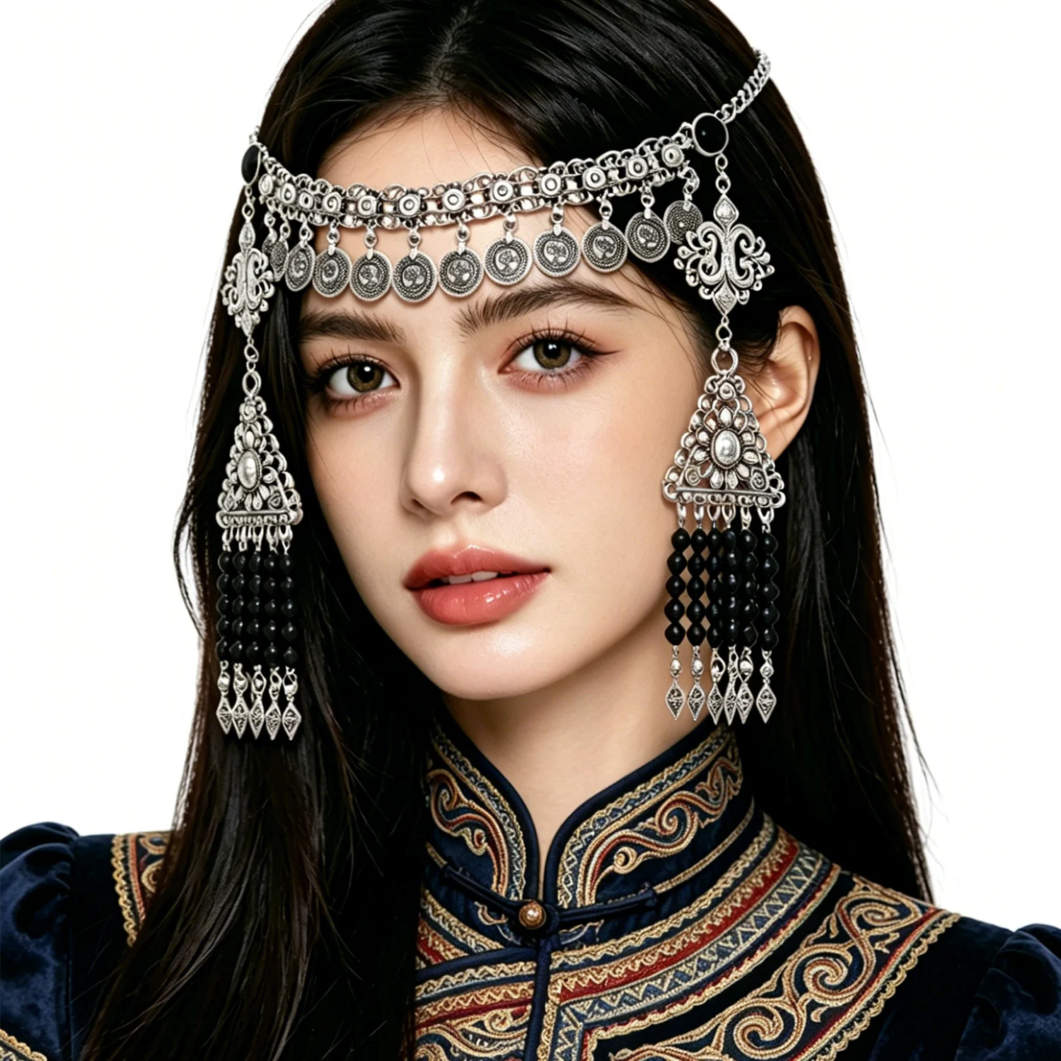 Diadema con borlas de monedas de plata vintage para mujer, cadena para la cabeza, joyería étnica con diseño de flor geométrica hueca, accesorio para el cabello estilo afgano gitano