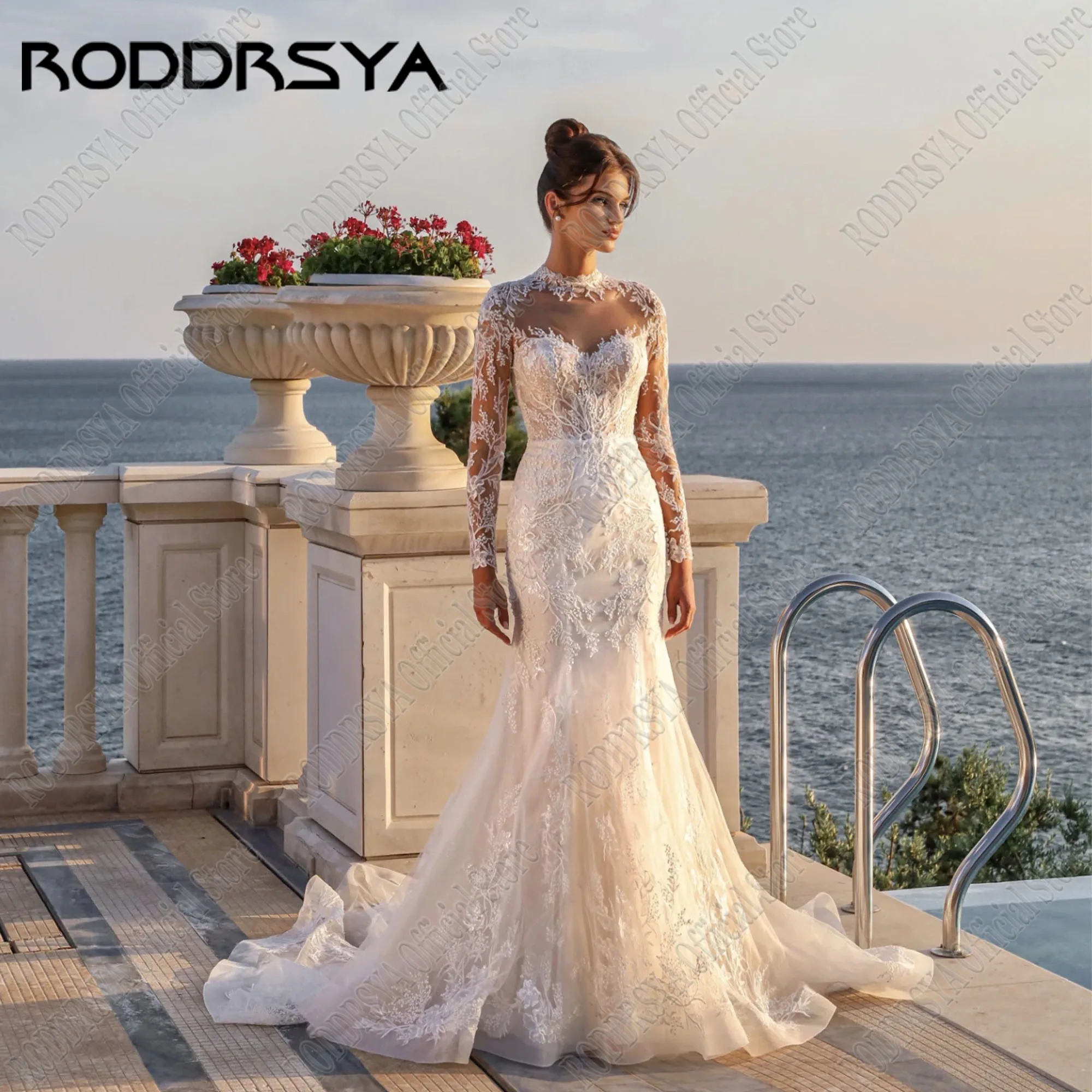RODDRSYA 맞춤형 우아한 긴 웨딩 드레스 2025 풀 슬리브 Tulle Applique Sweep Train a 라인 여성 Vestidos De Novias