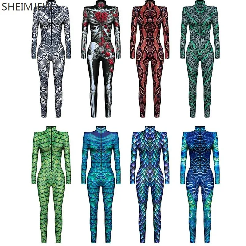

Women Men 3D Printed Animal Snake Python Skull Cosplay Jumpsuit Adult Halloween Cosplay Circus Cycling Costume Carnival Bodysuit