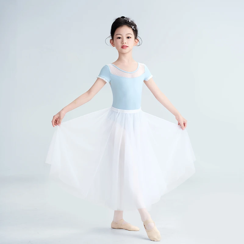 Girls Ballet Leotards Nylon Short Sleeves Gymnastic Dance Leotards Kids Mesh Splice Ballet Bodysuit Teen Dance Customs