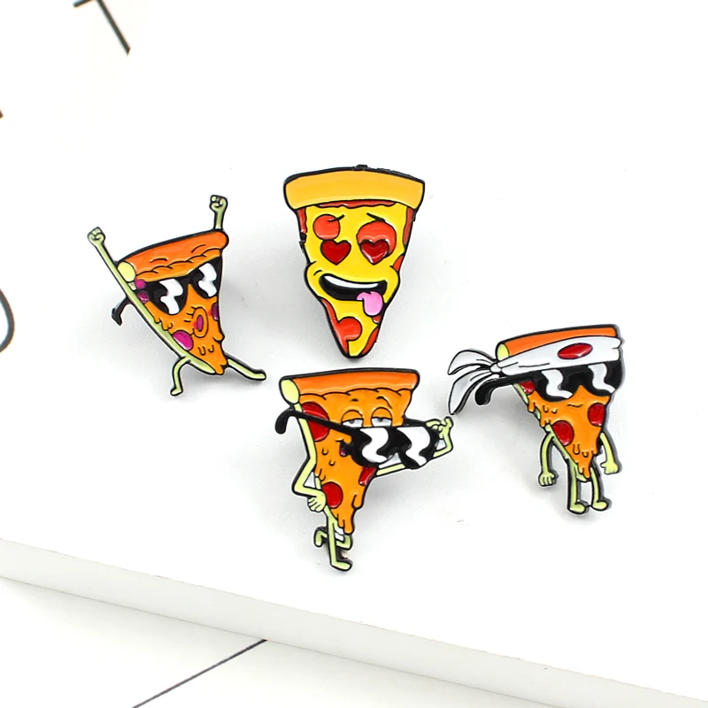 Bros kacamata lucu bando Jepang tersenyum Pizza Man Lapel pin makanan bros hadiah untuk pecinta pizza Pizza Man pin