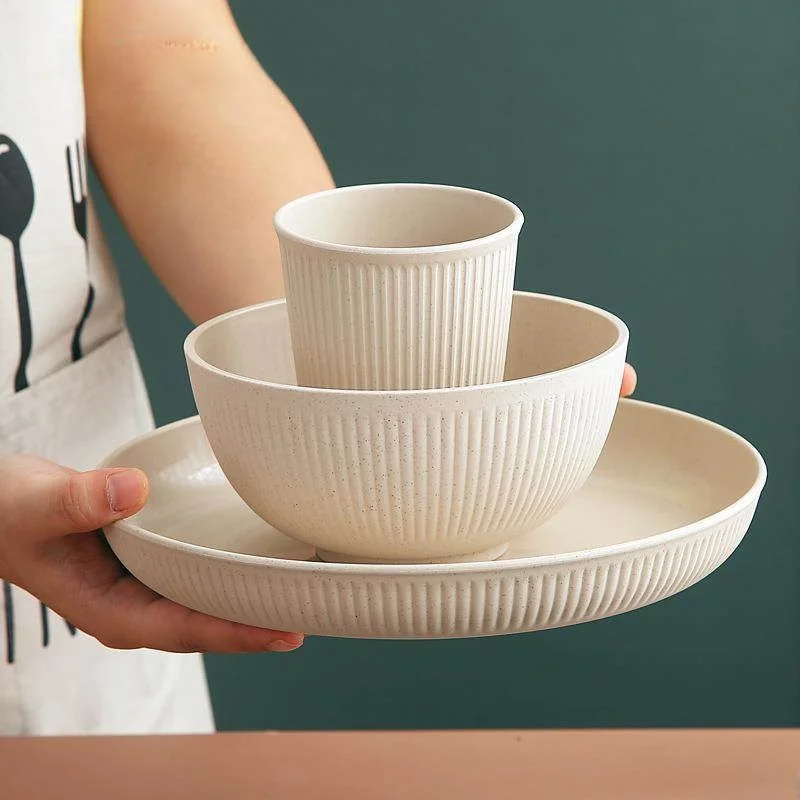 

Wheat Straw Vertical Stripe Four-Piece Set Gift Set Cross-Border Dining Utensils Set Home round Bowl Plate Cup Dishware Set