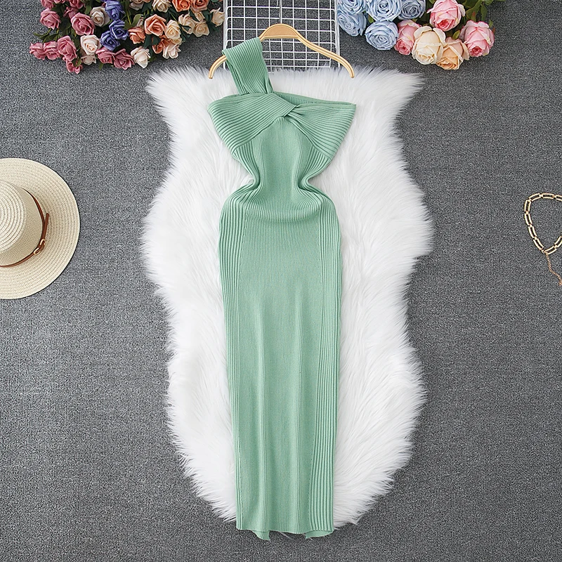 YuooMuoo Brand Fashion One-Shoulder Knitted Party Dress Women Sleeveless Y2K Knot Bodycon Summer Dress Streetwear Lady Vestidos