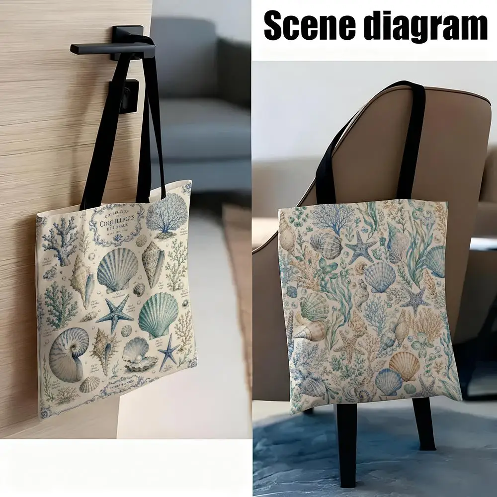 Collection Of Hand-Drawn Shell  Storage Bags Handbag Canvas Bag Women Casual Underarm Top Handle Bag Lady Shopping Travel Bags