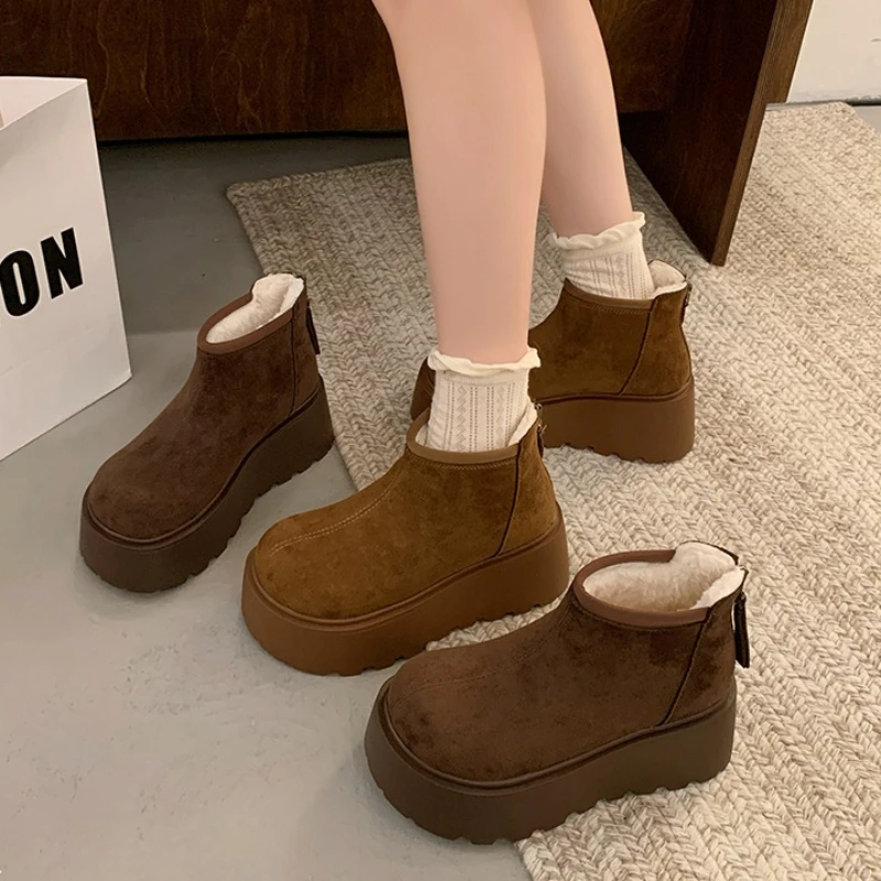 

Vintage Platform Flats Women Fur Lining Snow Boots Concise Round Toe Zippers Shoes Comfortable Female Winter Short Booties
