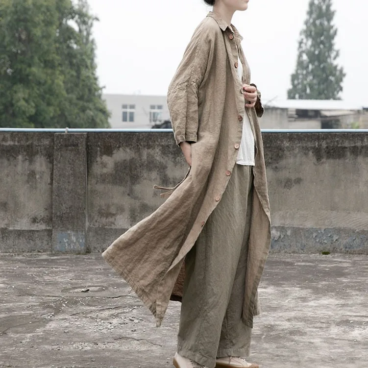 

Spring and Autumn Linen Long Temperament Commuter Solid Color Jacket Loose Literary Windbreaker Simple Cardigan Fashion Casual V