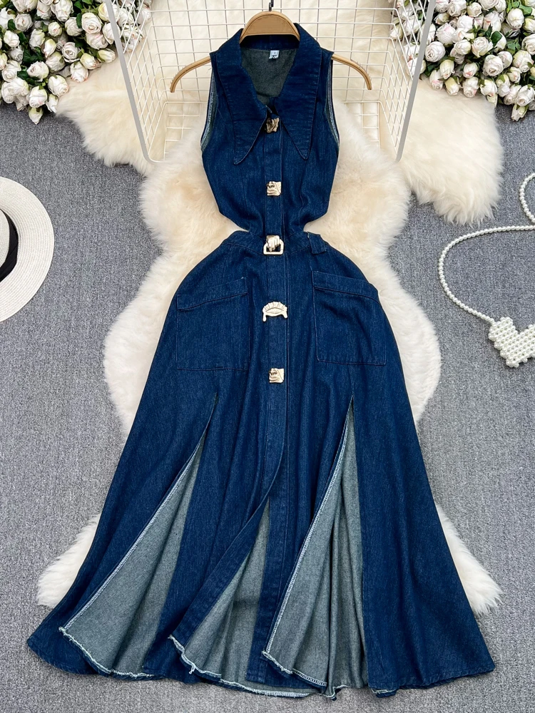 

Denim Dress For Women Hollow Out Waist Slim Casual Vintage Long Dress 2025 Streetwear Fashion Chic Elegant Dresses Robe Femmes