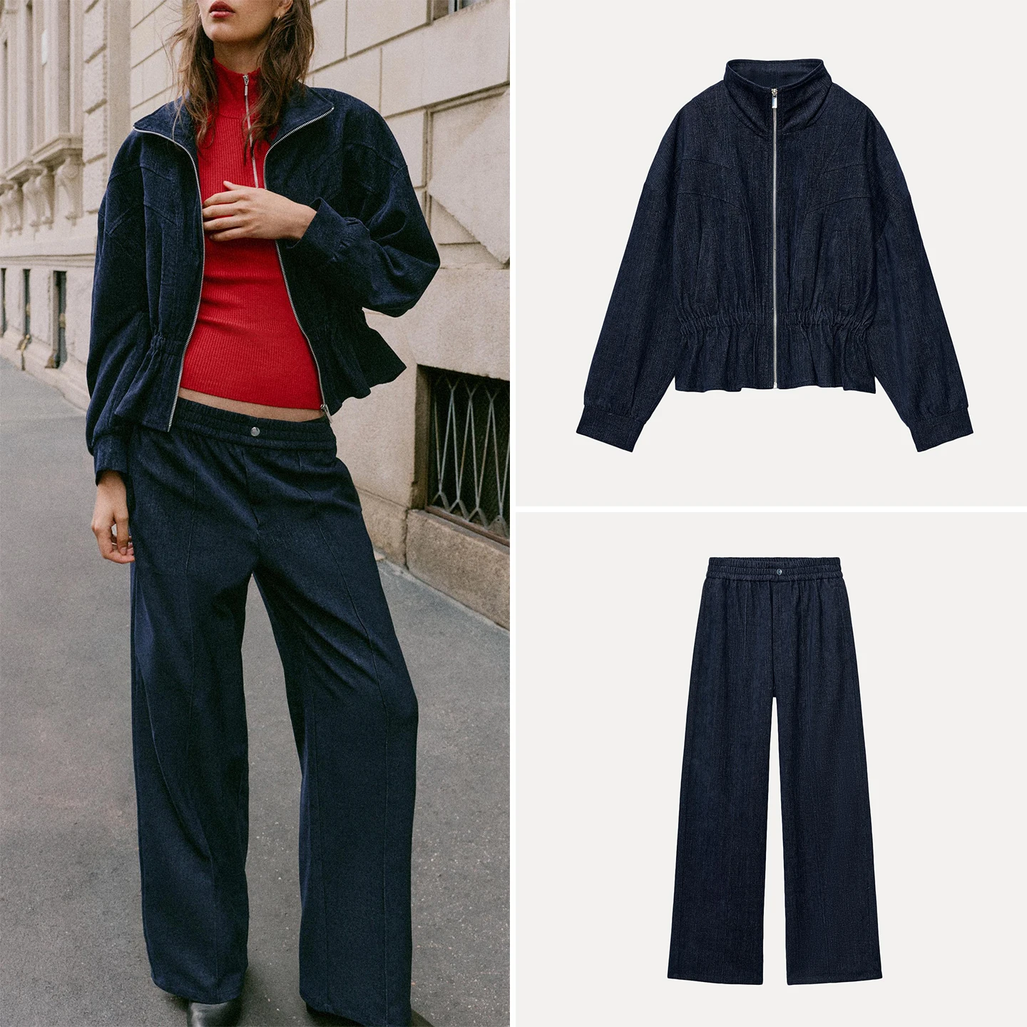 Women's Fashion Elastic Waist Short Skirt Jacket Loose Pants Autumn Season Two-Piece Set ZADATA Brand Ladies Premium Wear