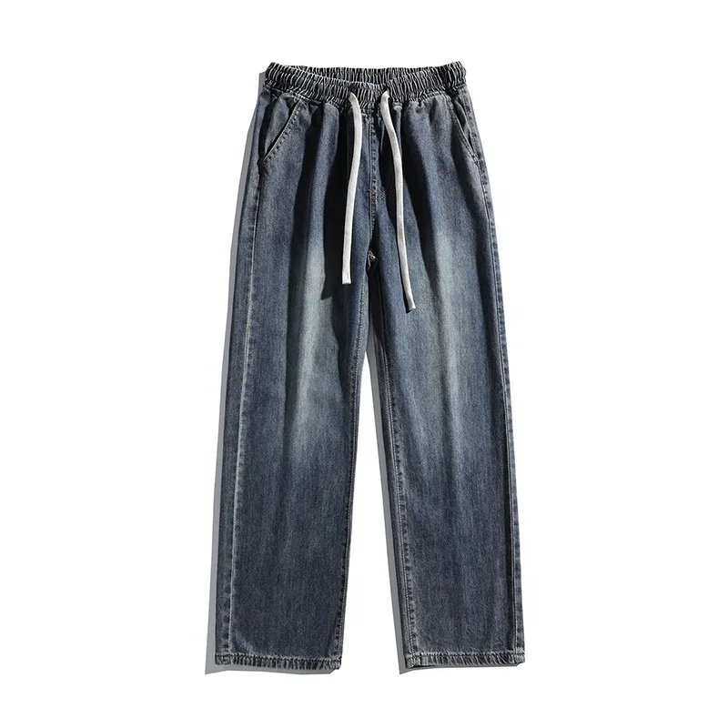 2026 Full Elastic Drawstring Waist Loose Lyocell Jeans Men Vintage Wash Breathable Basic Daily Pants