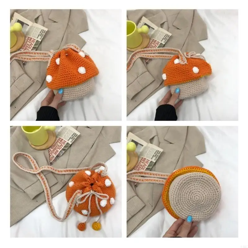 

63HC Fashion Knit Mushroom Bucket Handbags for Women Girls Small Tote Handbag Shoulder Bag Crossbody Bags
