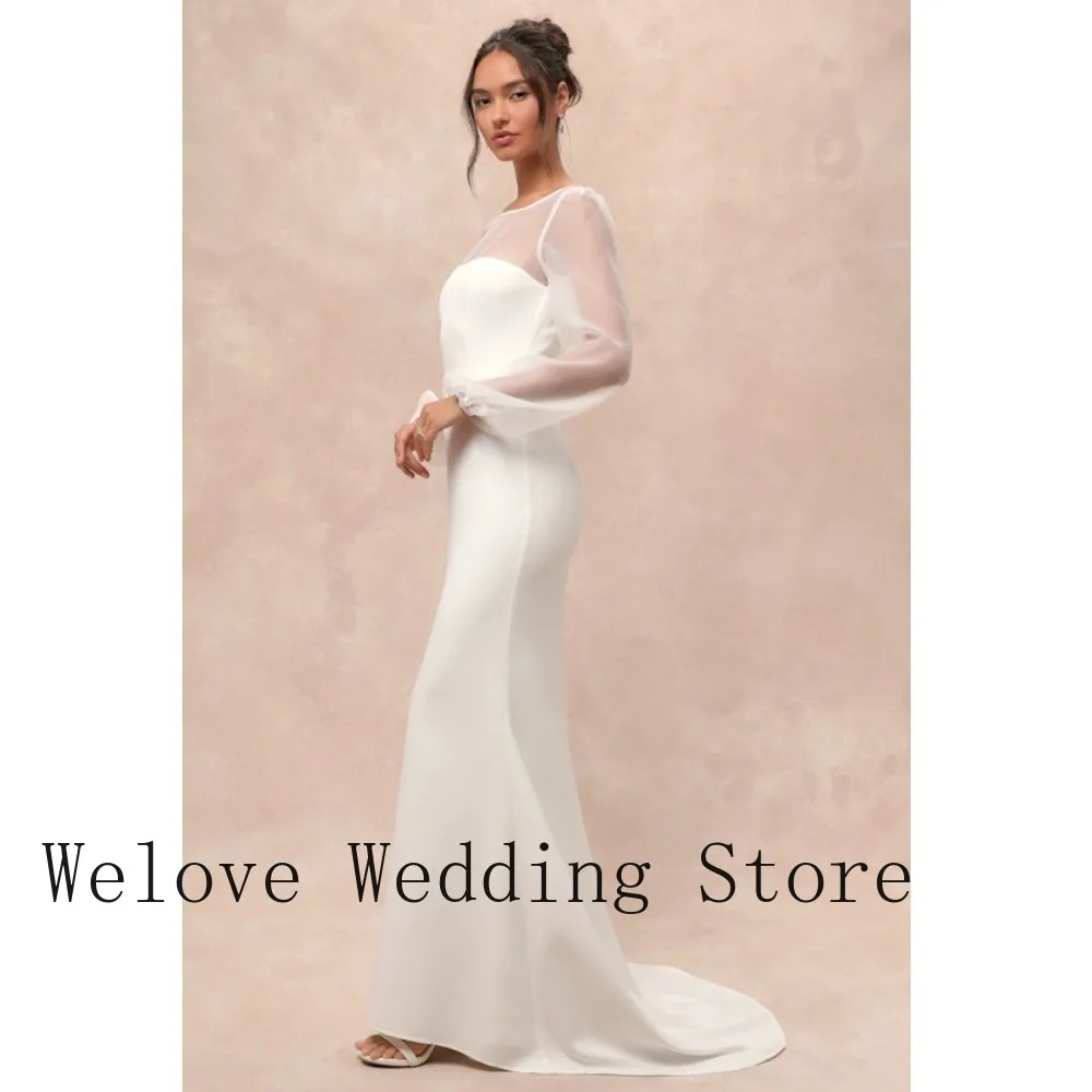 White Illusion Neck Mermaid Wedding Dress Chiffon Long Sleeves Fitted Satin Bodice Bridal Gown for Wedding & Engagement