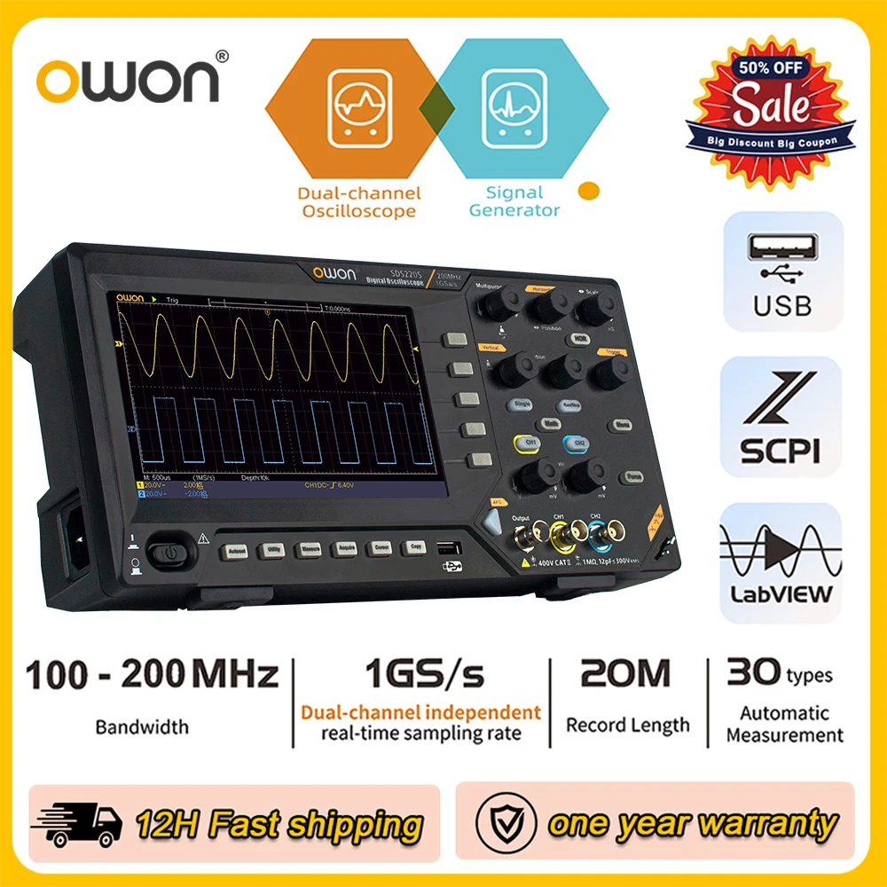 Owon Digital Oscilloscope SDS220 200Mhz 2CH 1GS/s 20M FFT+ SDS220S 25MHz 14Bit 125MSa/s Signal Generator Usb Oscilloscope