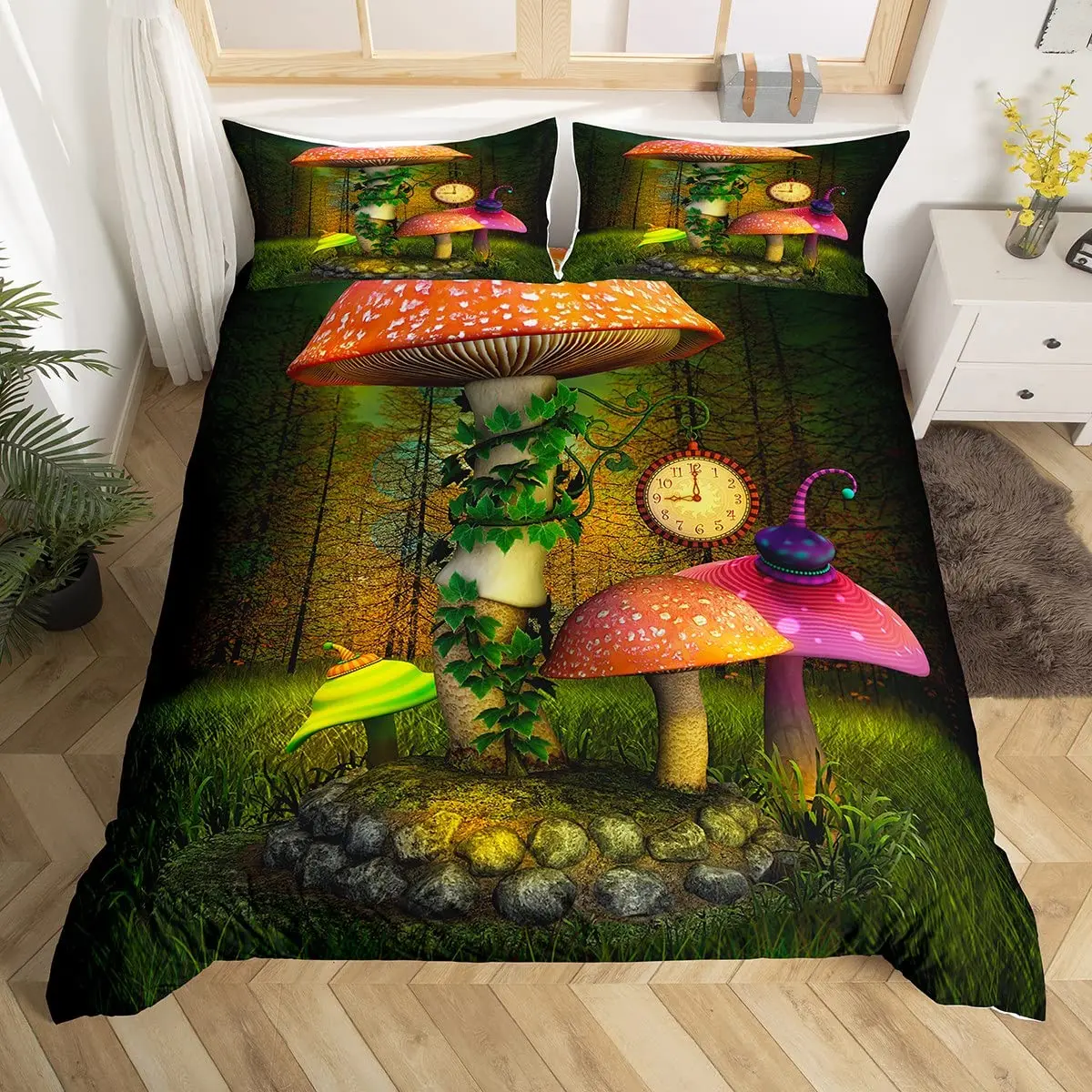 Mushroom Duvet Cover Set Burgundy Plant Fallen Leaves Bedding Set 2/3pcs for Kids Snail Print King Size Soft Comforter Cover