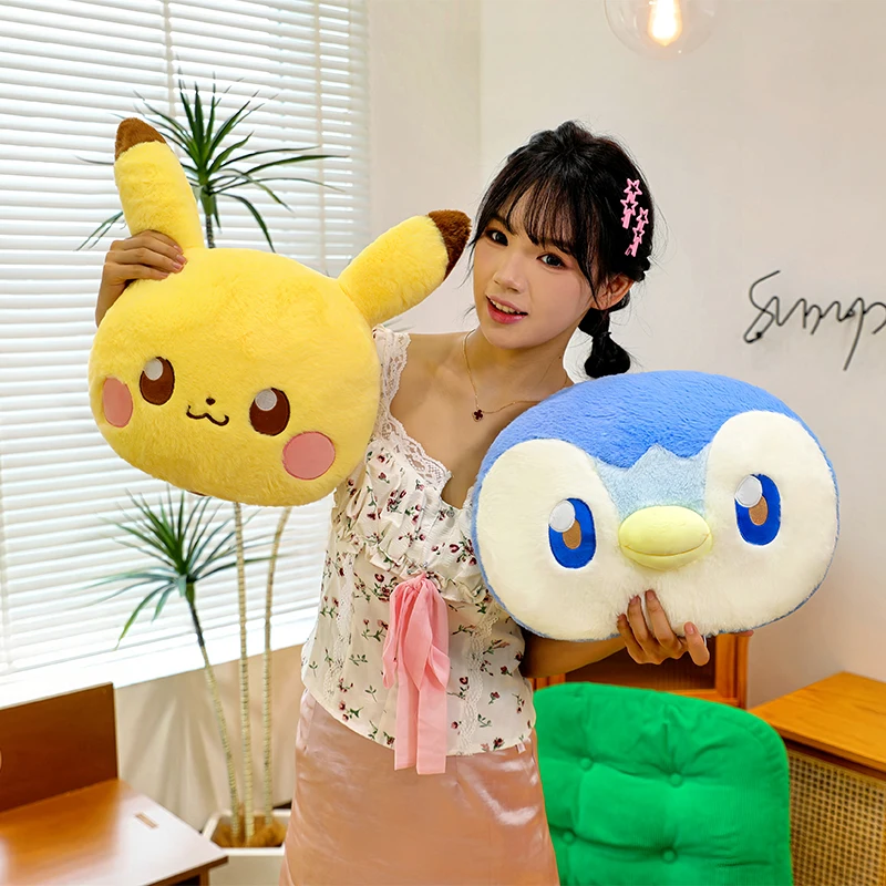 New Cute Pikachu Piplup Plush Pillow Set Pokemon Cartoon Head‑shaped Stuffed Cushion Soft Plushies Sofa Bed Decor Gift for Girls