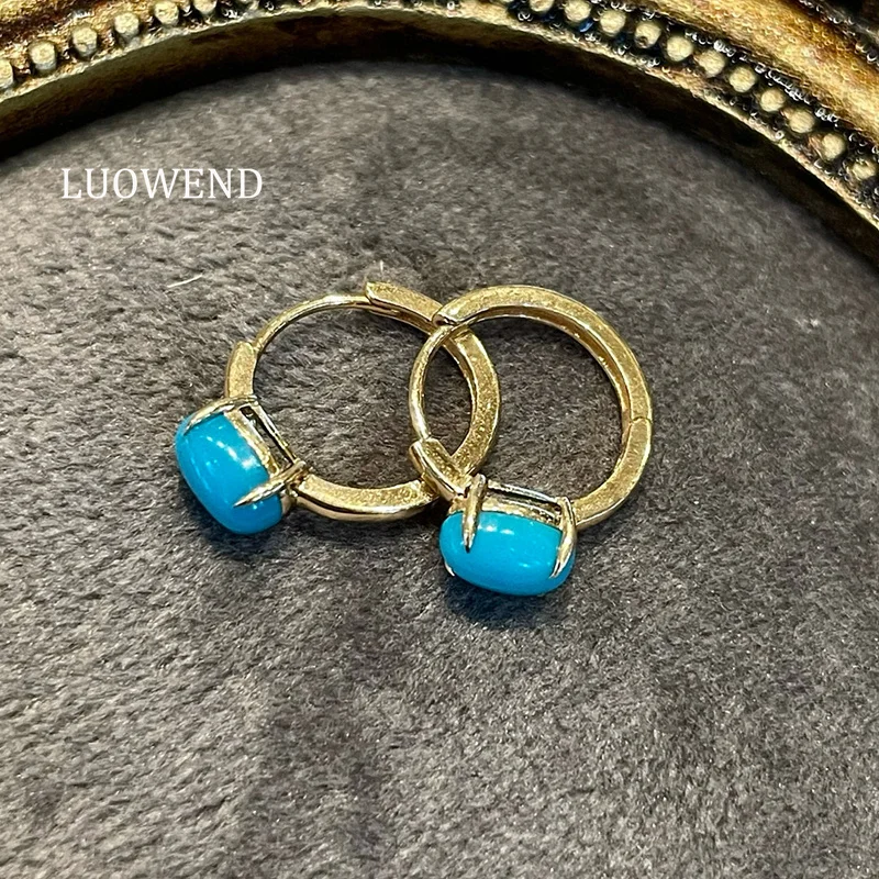 

Серьги LUOWEND из 100% желтого золота 18 карат, романтические серьги-кольца во французском стиле с натуральной бирюзой для женщин, подарок на день рождения, ювелирные украшения