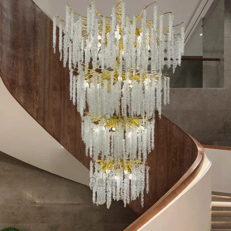 Luxury Branch Crystal Led Lights Staircase Loft Villa Hotel Lobby Lamps High Floor Gold Crystal Tree Branch Hanging Chandeliers