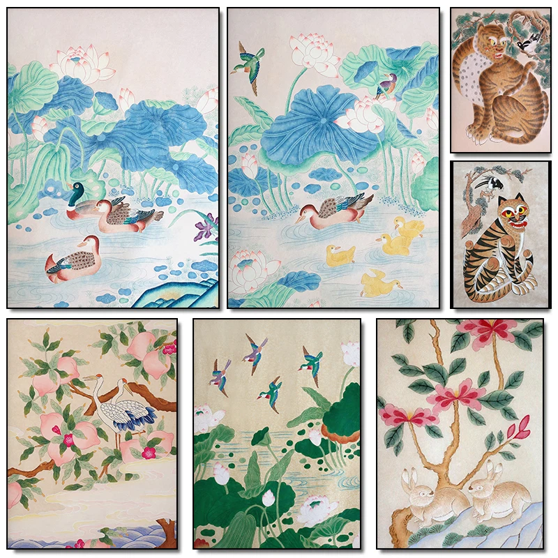 Classic Korean Traditional Landscape Folk Art Lotus Flowers Birds Retro Poster Print Canvas Painting Wall Art Picture Home De