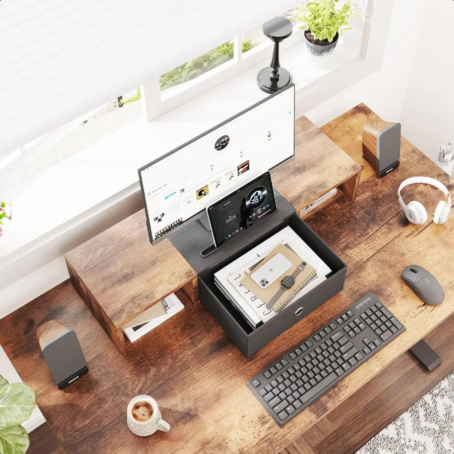 Monitorständer-Riser mit Aufbewahrungsschublade, 25-Zoll-Computermonitorständer mit Tablet und Handyhaltern, Holz-Desktop-Organizer