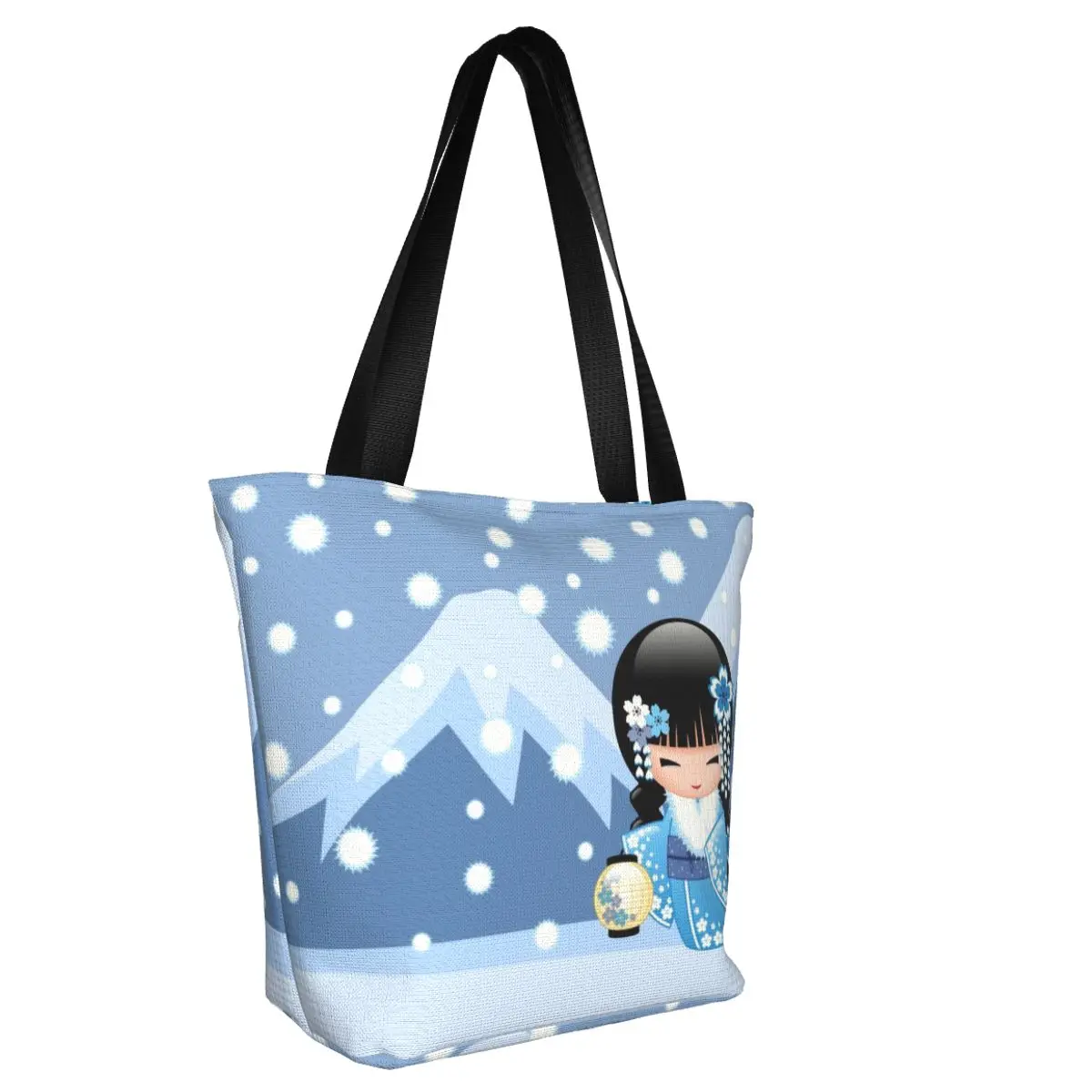 Custom Winter Kokeshi Doll Canvas Shopping Bags Women Washable Grocery Japanese Geisha Kimono Cute Girly Shopper Tote Bags