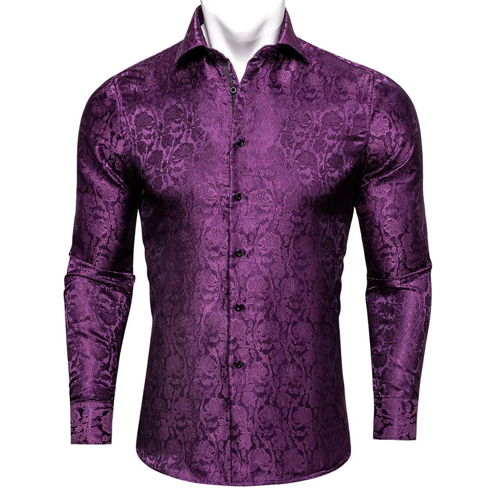 Exquisite Dark Purple Flower Long Sleeve Polyester Mens Shirt Autumn Fashion Casual Jacquard Lapel Pattern Business Barry.Wang