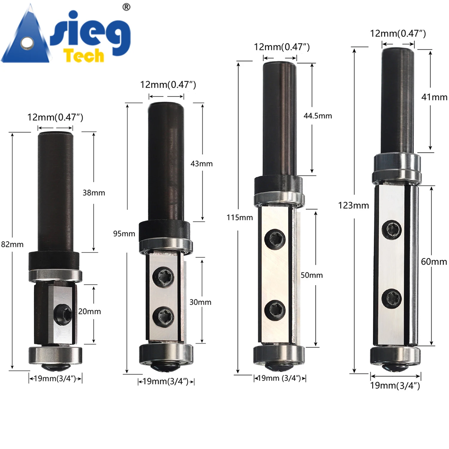 12mm Shank Flush Trim Router Bit Top&Bottom Double Bearings Trimmer 20mm 30mm 50mm 60mm Cut Length Repaceable Insert Cutter