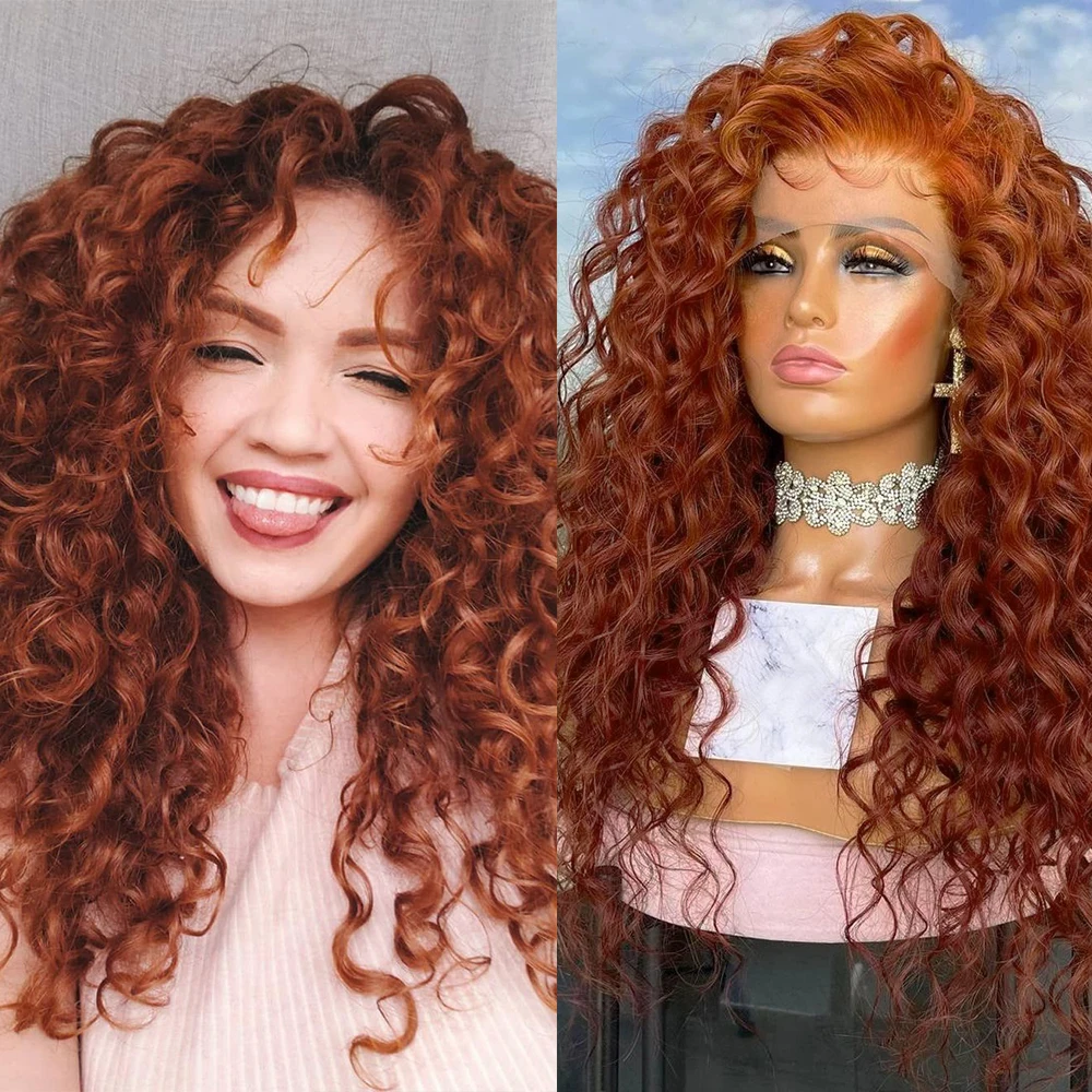 RONGDUOYI Orange Brown Kinky Curly Synthetic Wig Curly Wave Natural Hairline Lace Front Wigs for Black Women Daily Cosplay Use