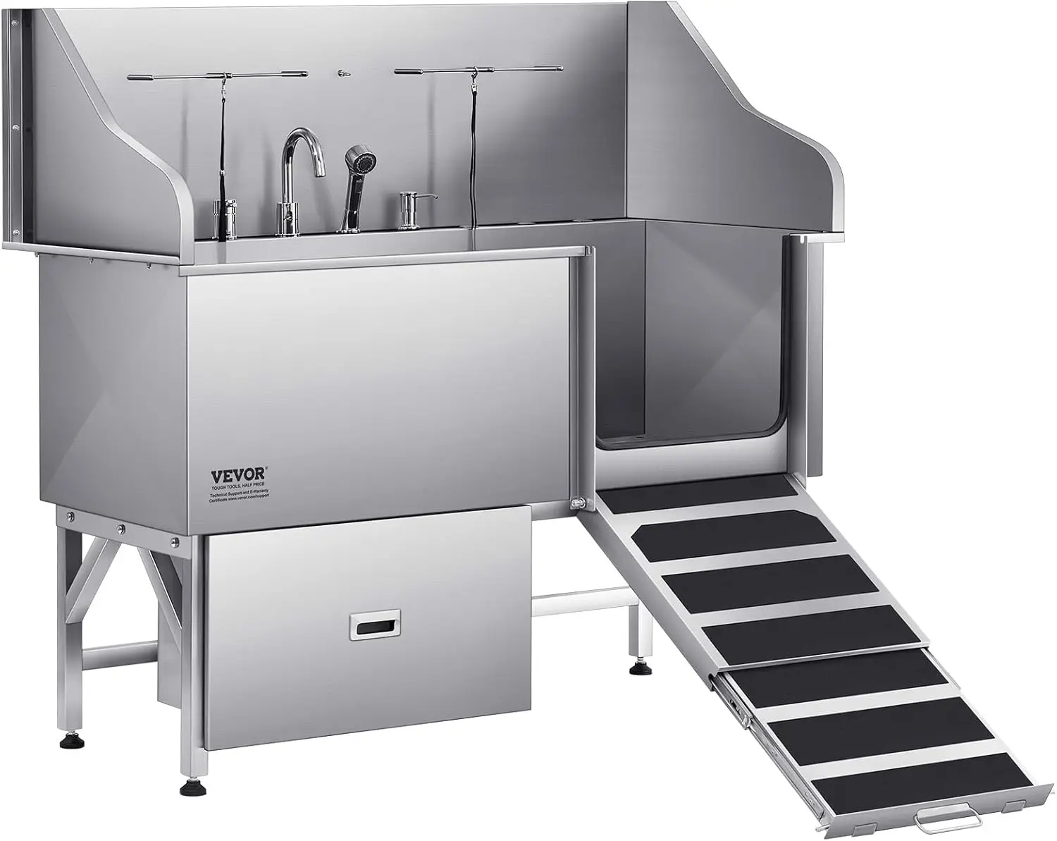 

Professional 304 Stainless Steel Dog Bathing Station, 61 inch Pet Grooming Tub w/Anti-Slip ramp, Storage Drawer, Cold Hot