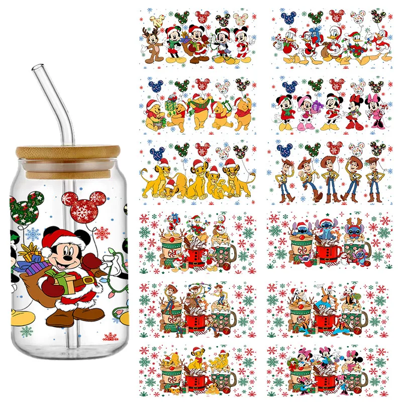 Disney Mickey Winnie Christmas UV DTF Cup Wrap Transfers Stickers Stitch 16oz Libbey Glass Decal Can Selfadhesive Waterproof DIY