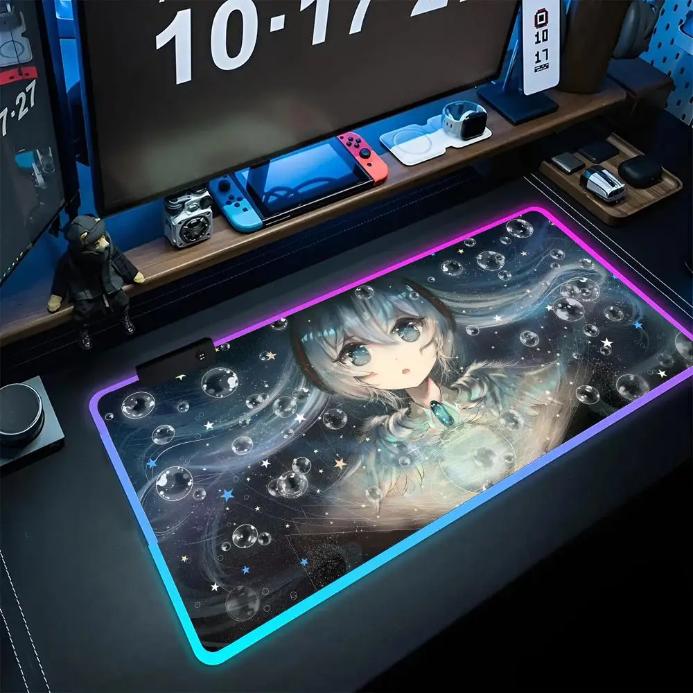 

H-Hatsune Cute Miku Mouse Pad RGB Backlight AnimePc Game Accessories Desk Protector Backlit Mat Gaming Large