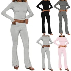 Women's 2 Piece Lounge Sets Fashion Solid Color Round Neck Long Sleeve Cropped Top Casual Leg Pants Set